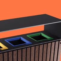 Detalhe de render de ecoponto da linha Frame da Floema Urban, mobiliário urbano para recolha de resíduos seletiva