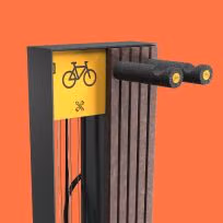 Detalhe de render de bike station da linha Frame da Floema Urban, equipamento para mobilidade suave urbana